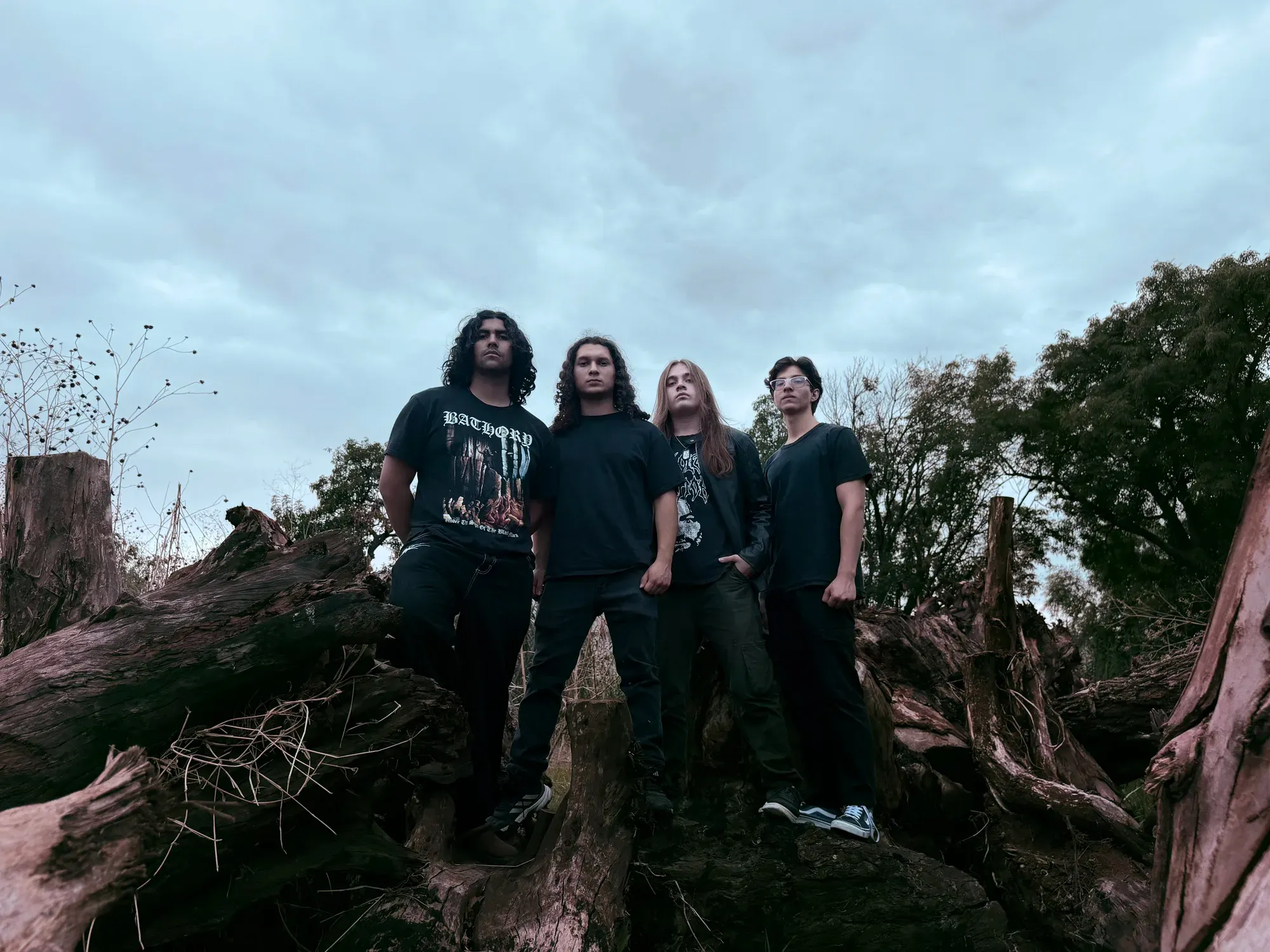 Rustblood band photoshoot on fallen tree trunks